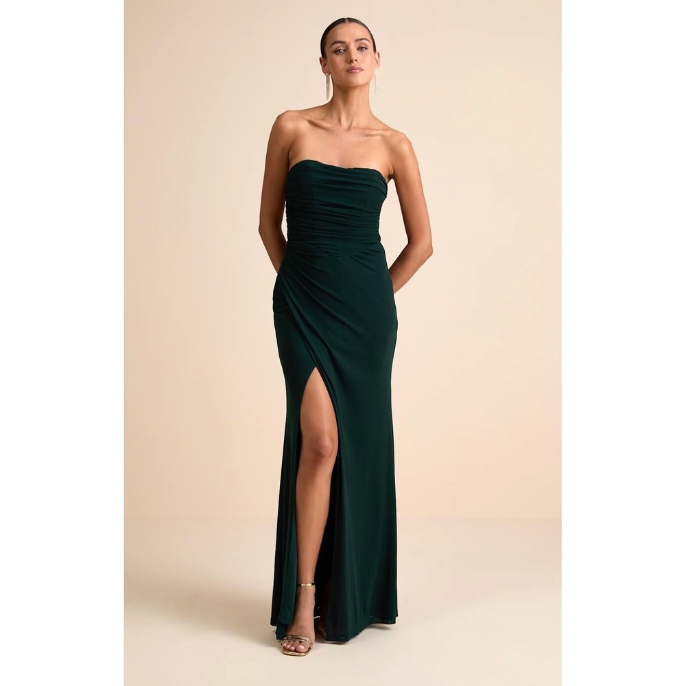 Lulus NWT Emerald Green Strapless Ruched Tulip Maxi Dress - Small